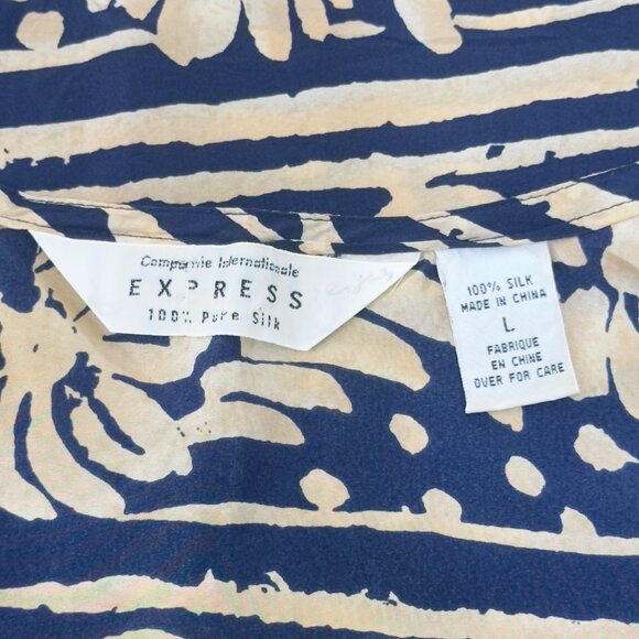 Vintage 90´ Express Womens 100% Silk Sleeveless Top L Navy-Beige Tropical Print - Picture 3 of 11